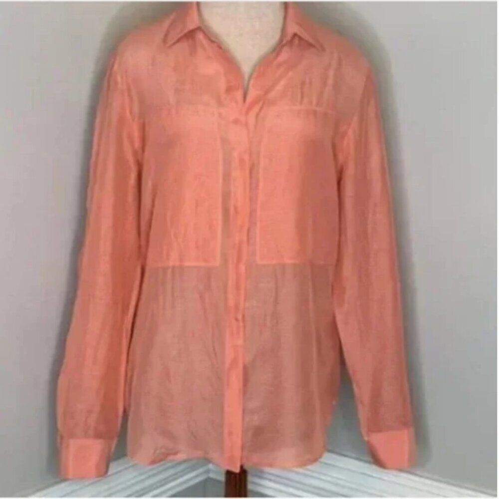 Theory Peach Silk Blend Long Sleeve Button Down Blouse Size Large